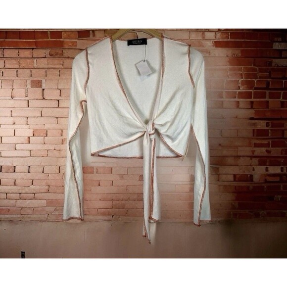 Akira Roll Through Ribbed Tie Front Long Sleeve Cropped Top Women’s Small New - Picture 1 of 7